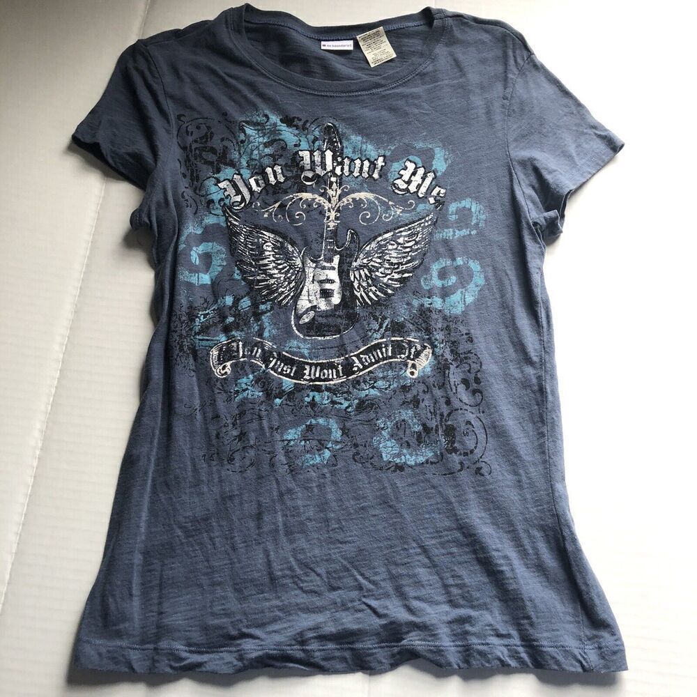 No Boundaries Vtg Y2K Guitar Wings You Want Me T-Shirt Blue Sz L A2080